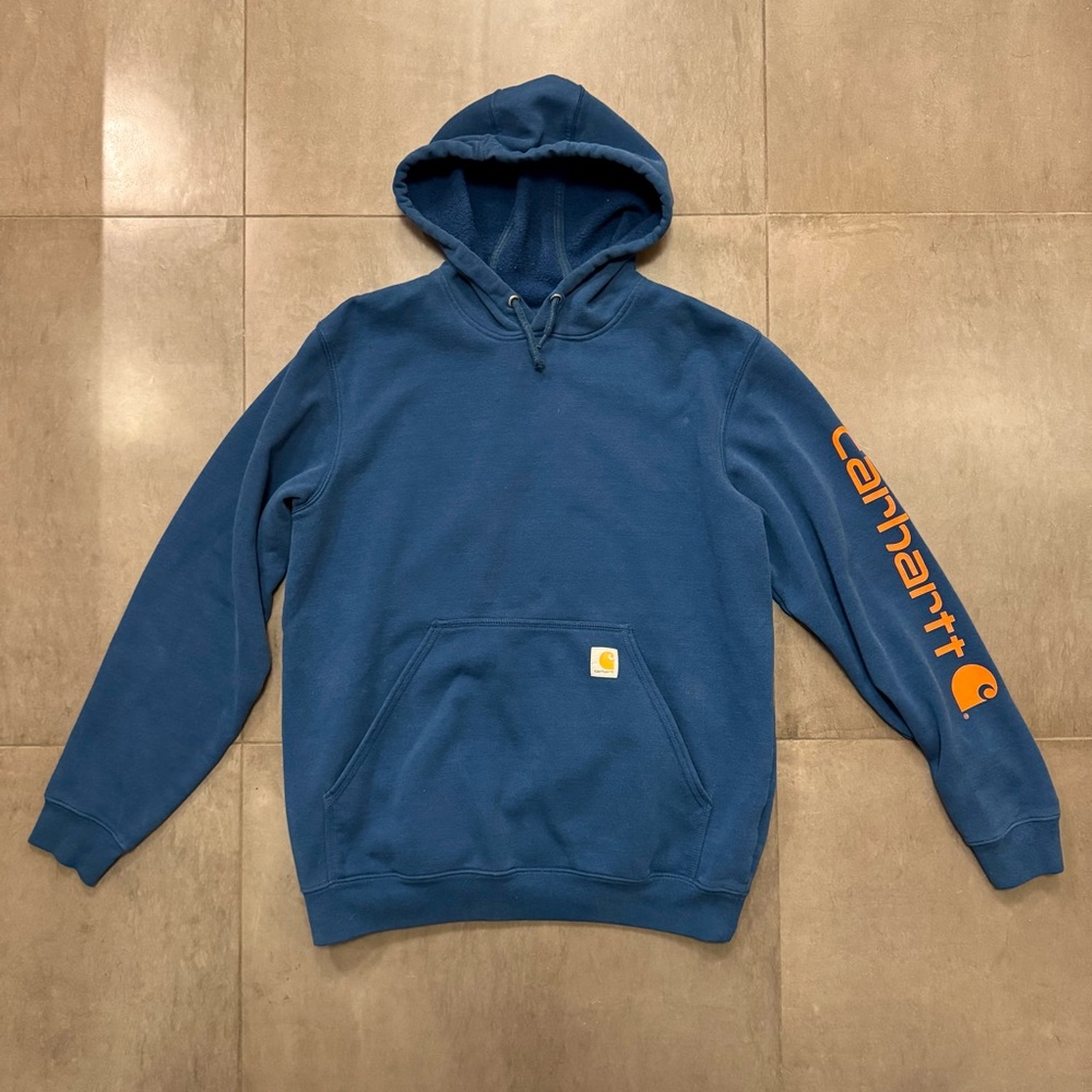 Carhartt Men's Blue Hoodie with Orange Logo